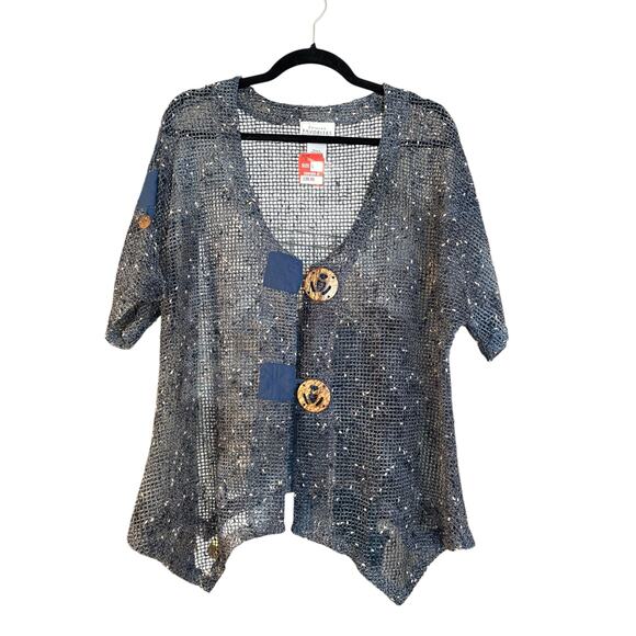 Catalog Favorites Artsy Lagenlook Top Shirt L Blue Large Buttons Open Knit - Picture 1 of 7